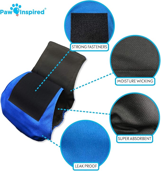 Paw Inspired Belly Band Male Dog WRAP Washable, Black Lining, X-Small, 3 Count
