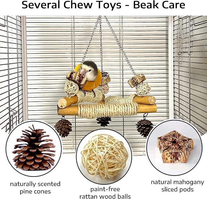 2pc Spinner Toys and 3-Sisal Perch Swing Set – Interactive Wooden Chew Toys with Bells and Balance Training for Parakeets Cockatiels Conures Lovebirds Quaker