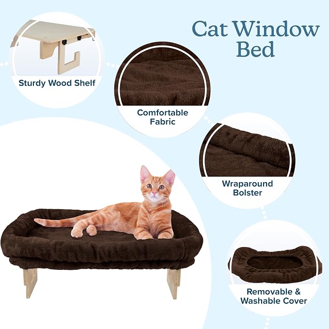 Cat Bed for Window Sill - Cat Window Perch with Bolster and Removable Washable Cover - Window Hammock with Sturdy Wood Frame for Large Cats - Pet Beds for Indoor Cats by PETMAKER (Brown)