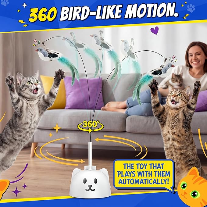 CATPICK Interactive Cat Toys for Indoor Cats - Automatic Flying Bird Feather Toy, USB Rechargeable Electric Cat Teaser with Strong Sticky Base, Smart Motion Self-Play Toy for Bored Cats(Yellow)
