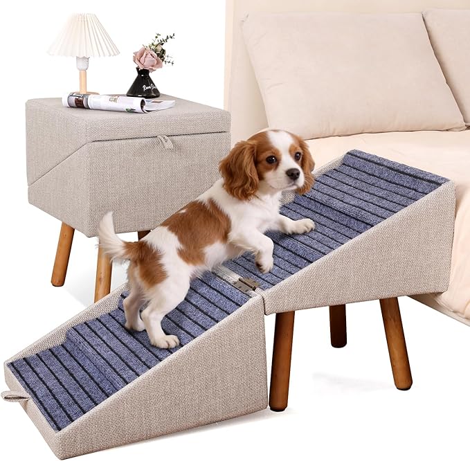 Dog ramp for Small Dogs, 2-in-1 Pet Steps & Ottoman - Foldable Dog ramp for Couch, Non-Slip Wooden Pet ramp for Puppy Senior Injured Dogs (Light Beige, XXL(21.06H))