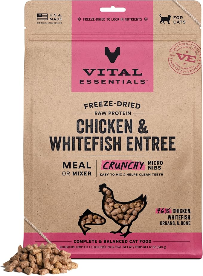 Vital Essentials Freeze Dried Cat Food, Raw Protein Chicken & Whitefish Micro Nibs | Complete Meal or Mixer | 96% Meat, Organs & Bone | High Protein, Low Carb, Grain Free, Dry Cat Food | 12 oz