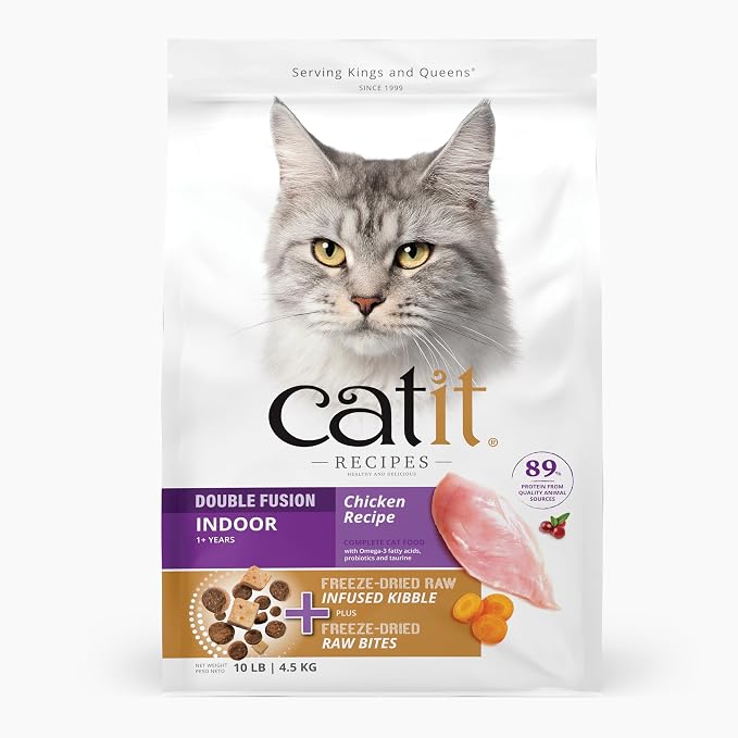 Catit Recipes Double Fusion Indoor Cat Food – Chicken Recipe, High-Protein, Freeze-Dried Raw Toppings, No by-Products, Minimally Processed, Balanced Nutrition for Indoor Cats, 10 lb