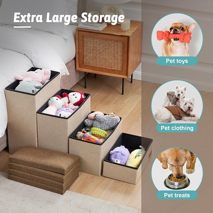 Dog Stairs with Storage, 3-Step Wider Sturdy Dog Steps for Small/Medium/Large Dogs and Older Cats, Folding Doggie Ramp for Bed/Couch/Car Hold Up to 180 lbs (16.7" H, Yellow)
