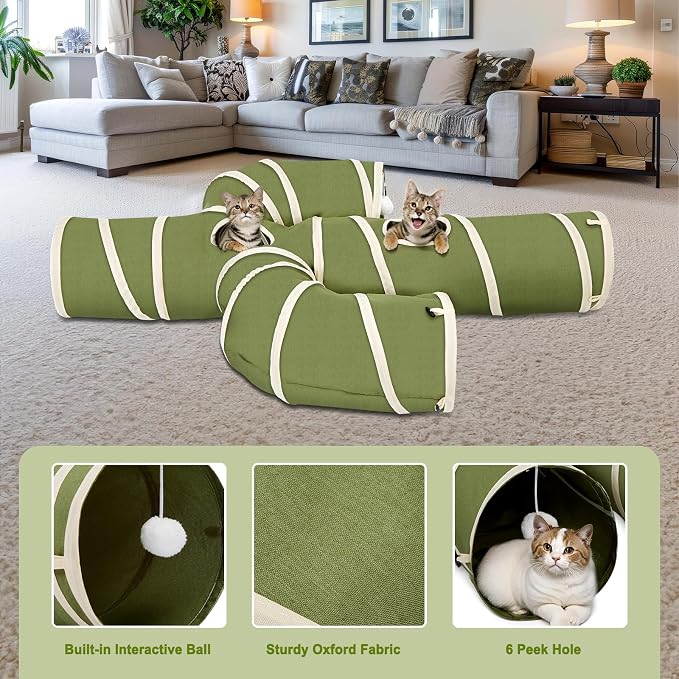 Ownpets Cat Tunnel Cactus-Shaped, Sturdy Oxford Fabric Collapsible Cat Tunnels for Indoor Cats,Interactive Peek Hole Pet Tunnel Tube with Cat Wand Toy, Green