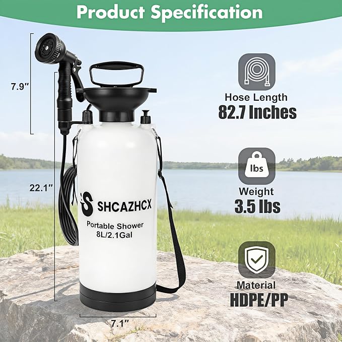 Portable Shower, Portable Water Sprayer for Camping, Beach, Surfing, Hiking & Travel | 2.1 Gallon (8L) Camping Shower with 10 Spray Modes, Nylon Insulated Cover, White