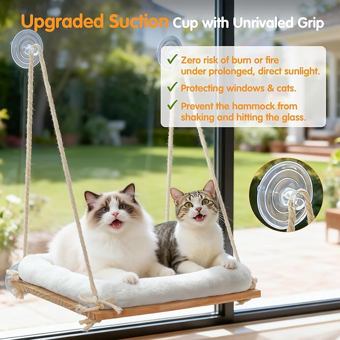 Cat Window Perch, Window Hammock for Cats with Solid Wood Seat 4 Heavy Duty Suction Cups, Plush Cushion, Indoor Cat Bed