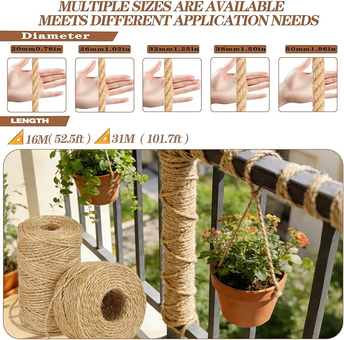 Jute Rope Natural Jute Manila Rope Nautical Hemp Ropes Twisted Natural Thick Heavy Duty Ropes for Crafts, Bundling,Anchor, Hammock, Nautical, Tug of War, Railings,Decorate (1-1/2 in X 100 Ft)