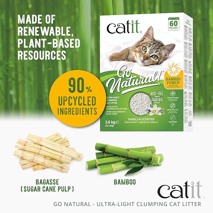 Catit Go Natural Ultra-Light Clumping Cat Litter, Bamboo Pellets, Dust-Free, Lightweight, Compostable, Vanilla Scent, Soft on Paws, Deodorizing, Eco-Friendly Litter 7.9lb