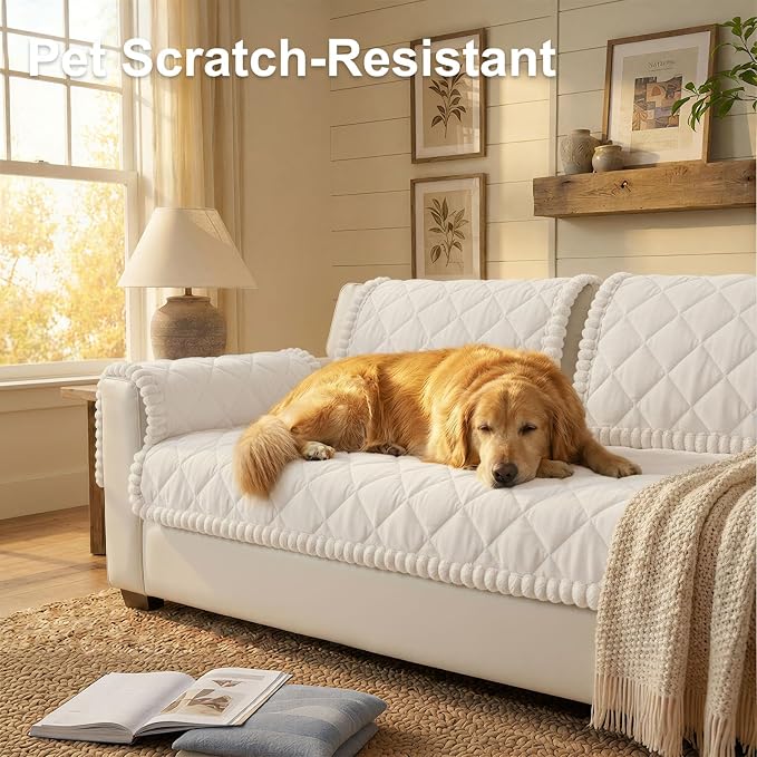 Smiry Couch Cover for Dogs, Non Slip Washable Pet Sofa Protector for Large Dogs, Cats, Fuzzy Plush Sofa Covers for 3 Cushion Couch, Against Fur, Dirt & Scratch Resistant, White, 27.6"×82.7"