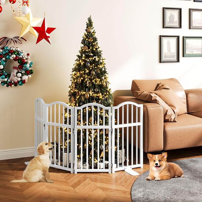 Snughome Dog Gate Indoor, 23.62" H Freestanding Short Dog Door Gates with Support Feet, Expands Up to 48’’ Wide Foldable Pet Gates for Doorways, 4 Panel Folding Pet Door Pet Fence for Puppy, White
