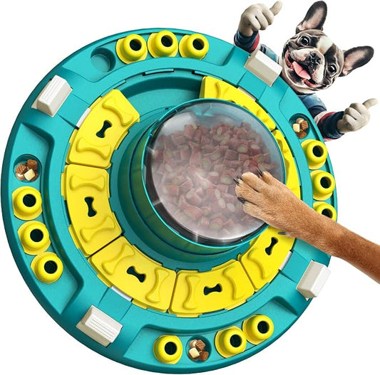 KADTC XL, 4 Levels in 1, Dog Puzzle Toy, Mental Stimulation & Slow Feeder | Push-to-release 16.6 oz feeder with 6 adjustable channels controls pace, challenge, and playtime for smart dogs.