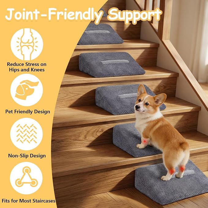 3 Pack Dog Ramp for Stairs with Contrast Color Anti-Slip Strip – Stair Wedges for Small & Senior Dogs and Cats, Gentle Slope Pet Steps with Washable Cover & Self-Sticky Pads