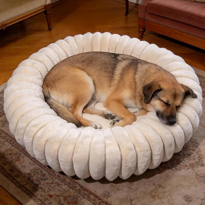Donut Dog and Cat Bed, Luxurious Comfortable Faux Rabbit Fur Pet Beds, Round Anti-Anxiety Calming Puppy Kitten Bed with Anti-Slip Bottom for Small Medium Dogs & Cats(28", White)