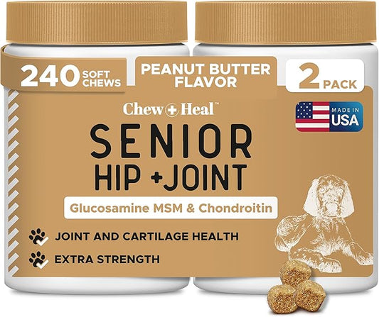 Glucosamine for Dogs Hip and Joint Supplement -240 Soft Chews for Senior Dogs with Glucosamine, Chondroitin, MSM, and Omegas -Mobility, Cartilage, Joint Health -Peanut Butter Flavor (2 Jars of 120)
