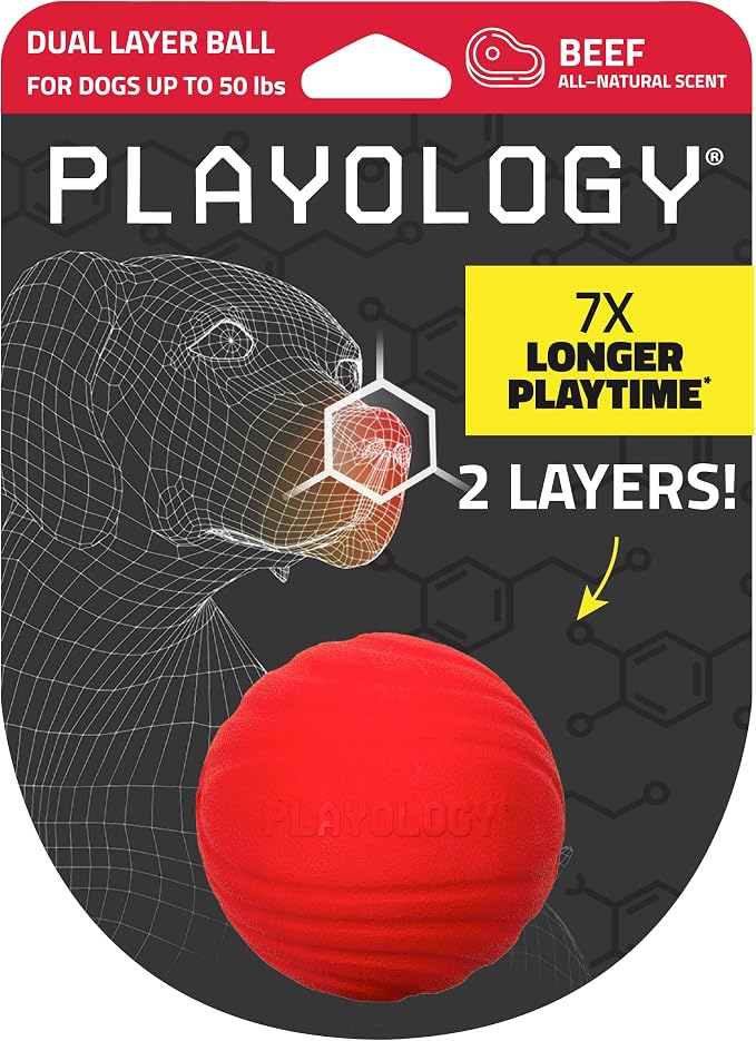 Playology Dog Toys | Dual Layer Ball Durable Chew Toy for Tough Chewers | Beef Scented Medium Dog Toy | Chew Toys for Dogs