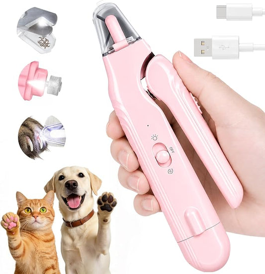 2-in-1 Dog Nail Clippers with Light - Electric Pet Nail Grinder Quiet for Small Large Dogs & Cats, LED Prevent Over Cutting, USB-C Rechargeable Safety Guard Grooming Kit for Black Nails, Pink