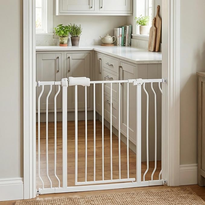 Baby Gate for Stairs 38.5-43.5" Dog Gate for Doorways, Walk Thru Auto Close Metal Baby Safety Gate for The House, Stairs and Doorways, Child Gate Pressure Mounted, Pet Gate for Dog Indoor - White