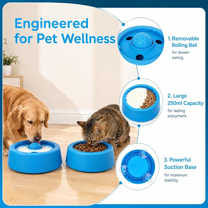 Slow Feeder Dog Bowls for Liquid Treats,Dog Licking Bowl with Rolling Ball Slow Feeder Bowl,Anti-Slip Spill-Proof Pet Dogs Lick Bowl Anxiety Relief Lickable Toys for Small and Medium Sized Dogs Cats