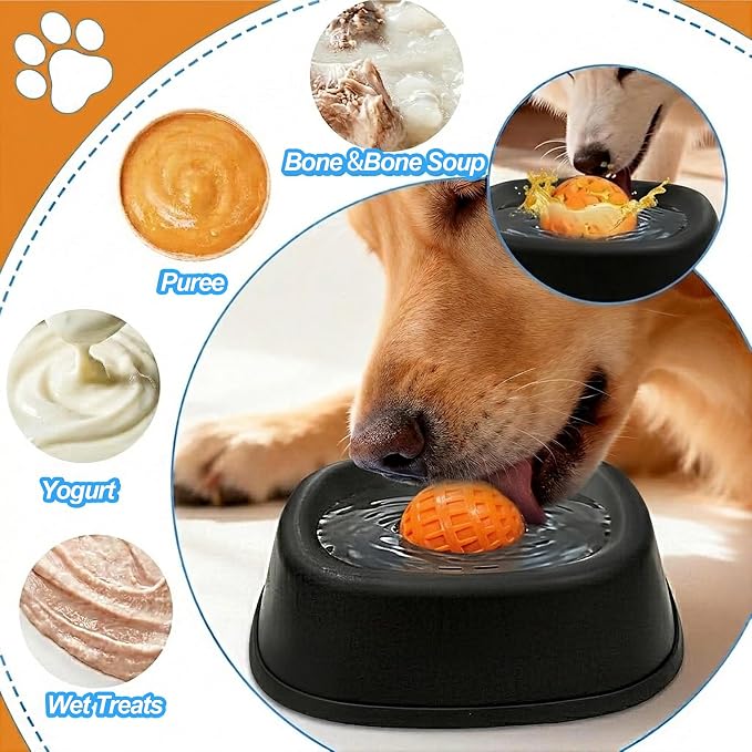 Slow Feeder Dog Bowl for Liquid Treats – Dog Lick Bowl with Rolling Ball, Anti-Slip Dog Enrichment Toy for Bone Broth and Yogurt, Calming Mental Stimulation for Small Medium Breeds,Black