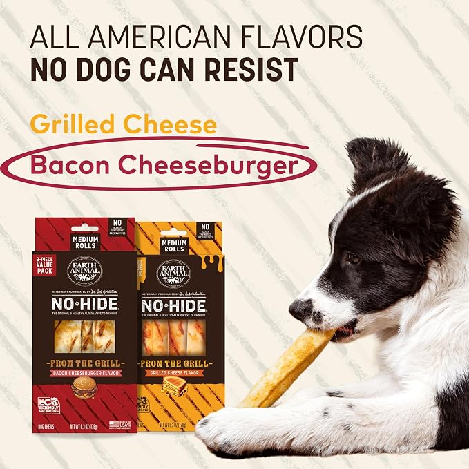 Earth Animal No Hide Chews - from the Grill Rolls Bacon Cheeseburger Flavor Rawhide Free Medium Dog Chews - 3 Count