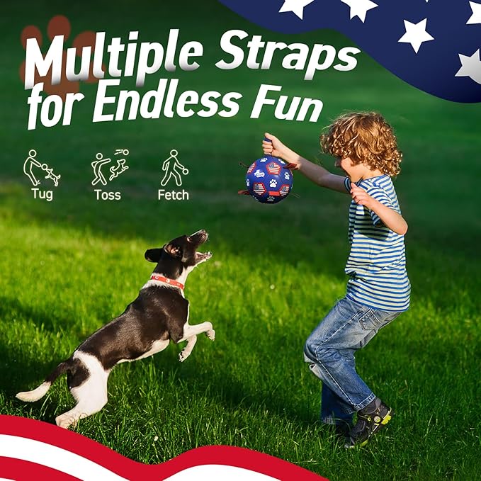 QDAN Dog Toys Soccer Ball with Straps, Durable Balls for Large Dogs, Beach Pool Dog Water Toy, Puppy Dog Birthday Gifts (8 Inch)