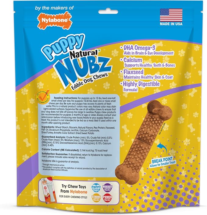Nylabone Nubz Natural Dog Chew Treats for Puppies, Long Lasting Dog Bones Made in USA, Puppy Training Treats, Turkey & Sweet Potato Flavor, for Small Dogs Up to 25 lbs. (28 Count)