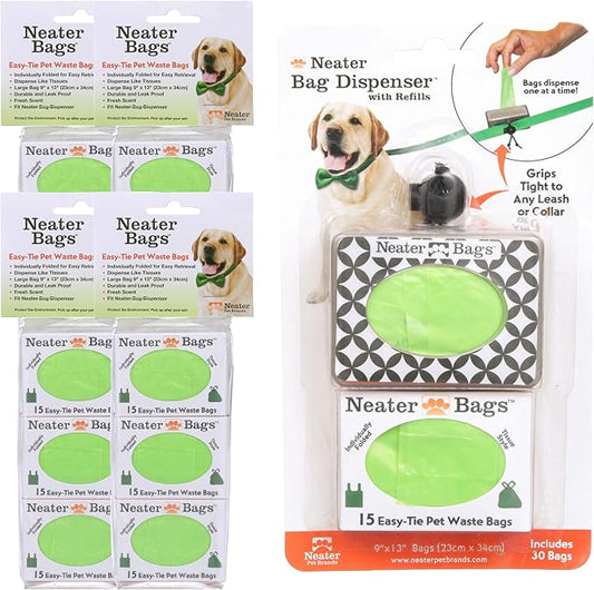 Neater Pet Brands Neater Bags Dog Waste Bag, No Rolls - Dog Poop Bags Dispense One at a Time, Doggie Poop Bag with Easy-Tie Handles, Dispenser Attaches to Any Leash (210 Count, Black Diamond Print)