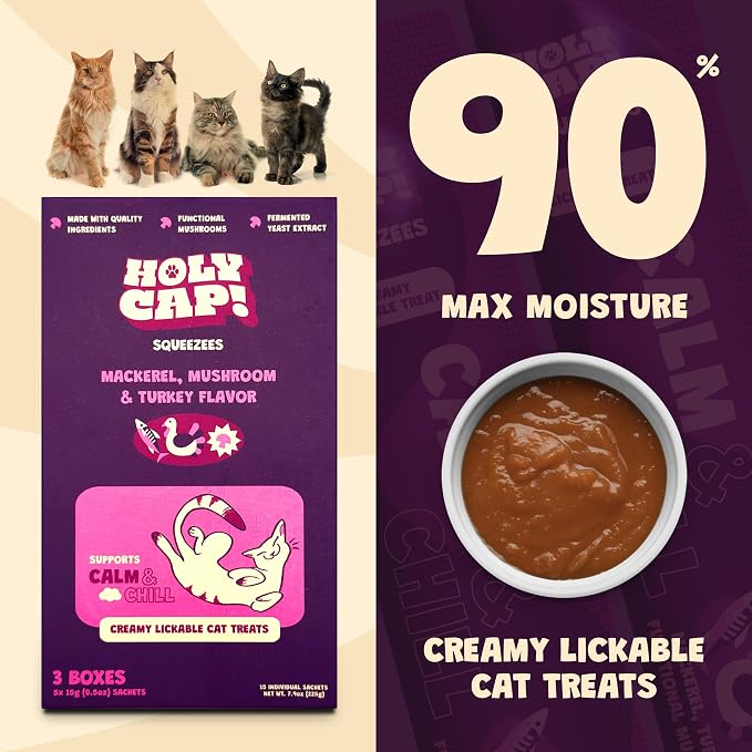 Calm & Chill Grain-Free Lickable Cat Treats 15 Squeezable Purée Tubes (0.5 oz Each), Mackerel & Turkey Flavor, Creamy Cat Purée with Clean Ingredients, Hand-Fed Treat or Meal Topper