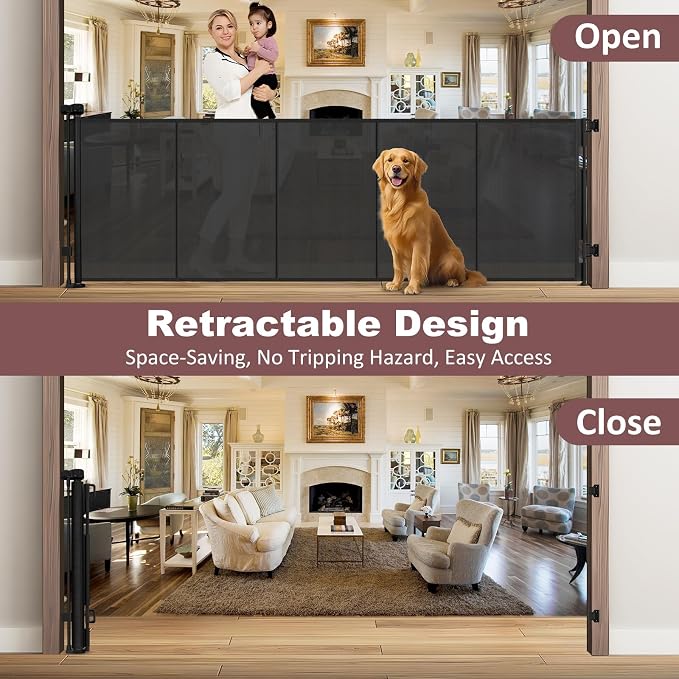 Reinforced 41" Extra Tall Retractable Baby Gates Extra Wide 100" Retractable Dog Gate with Support Rods, Indoor Extra Long Baby Gates for Large Openings Outdoor Retractable Gate Tall Dog Gate, Black