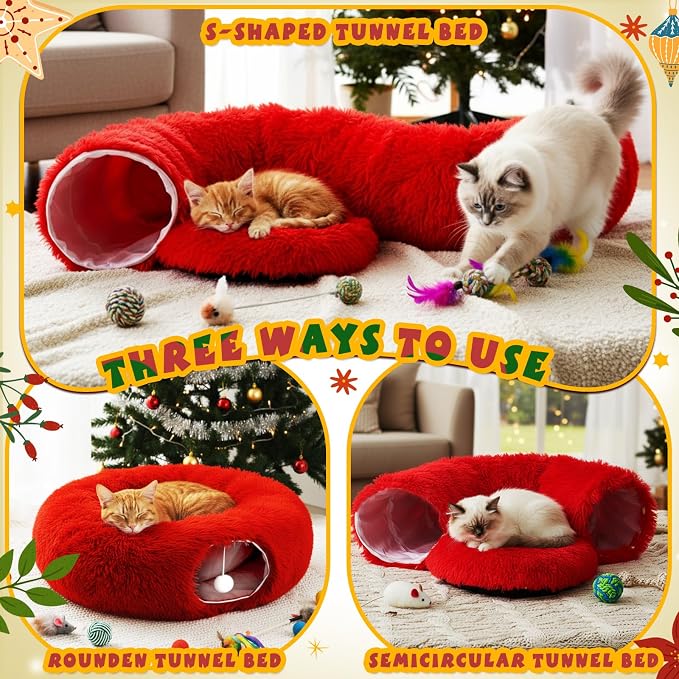 Thyle Christmas Cat Tunnel Bed Under Christmas Tree for Indoor Cats Xmas Pet Donut Tunnel with Cushion Foldable Round Pet Toy for Small Animals Kitten(3ft X 3ft X 9.8in,Red,Plush)