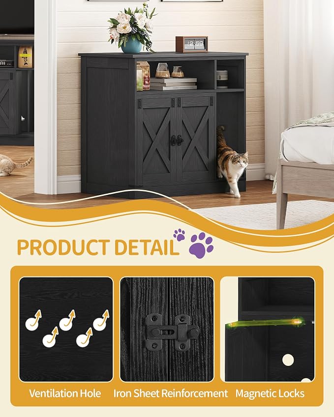 Hzuaneri Cat Litter Box Enclosure, Hidden Litter Box Furniture with Storage, Wooden Cat Cabinet with Scratch Pad, Farmhouse Cat Washroom, TV Stand End Table, Black CB87504X