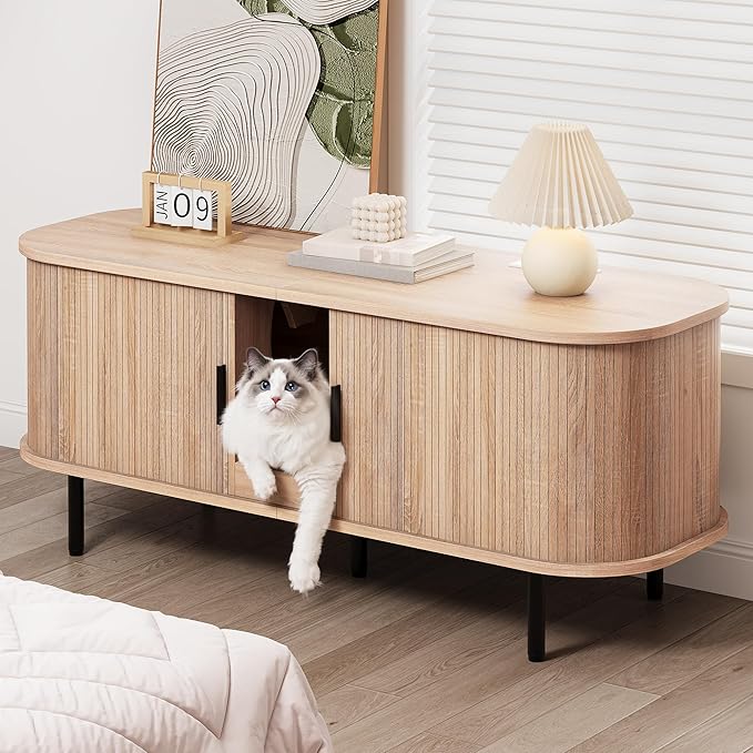 DWVO 55.1in Double Cat Litter Box Enclosure with Power Outlet, Wooden Kitty Litter Box TV Stand Furniture, Litter Box Furniture Hidden for 2 Cats, Light Oak