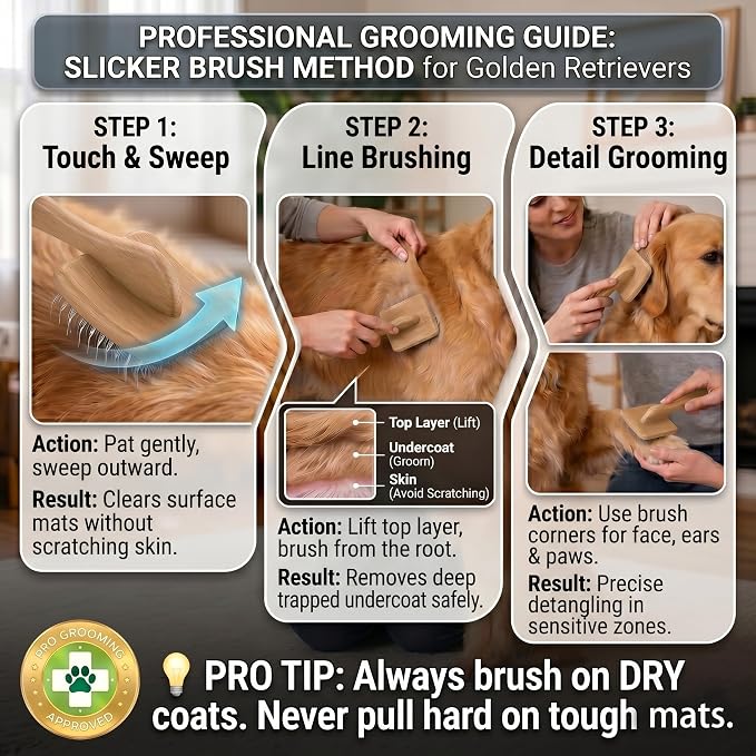 WPQAEM Dog Slicker Brush for Large Dogs, 4PCS Grooming Kit for Thick, Curly & Double Coats (Poodles, Goldendoodle, German Shepherd), Wood Handle - Naturally