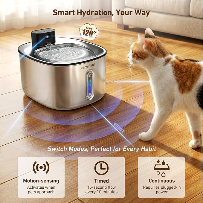 PartsBling Cordless Cat Water Fountain Stainless Steel, 4.2L/142oz Battery Operated Pet Fountain, Ultra Quiet Water Dispenser Cats&Dogs, 5000mAh Rechargeable, Easy to Clean, Includes 4 Filters, Black