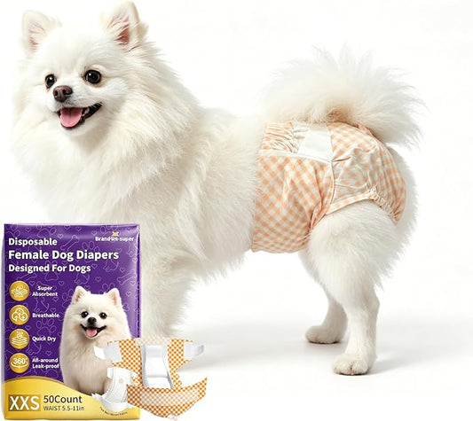 BrandonSuper Dog Diapers Female 50CT,XXS,Ultra Absorbent Disposable Girl Doggy Diapers,Leak-Proof 360°Waist Dog Diapers