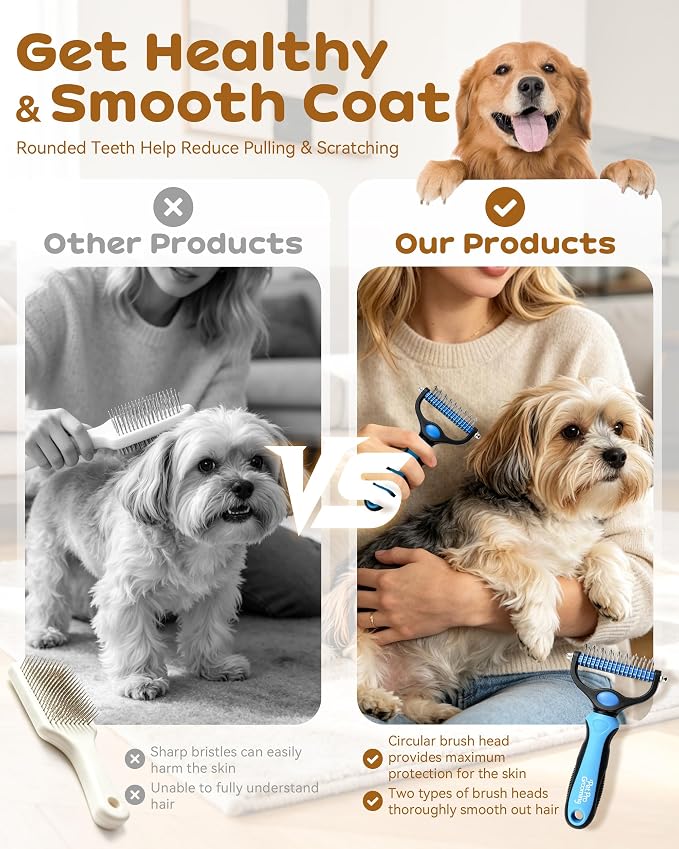 Tool, 2-In-1 Deshedding Dog Brush, Double-Sided Grooming Tool for Thick Coats, Rounded-Tooth Comb for Painlessly Removing Knots and Loose Hair (Orange-Large)