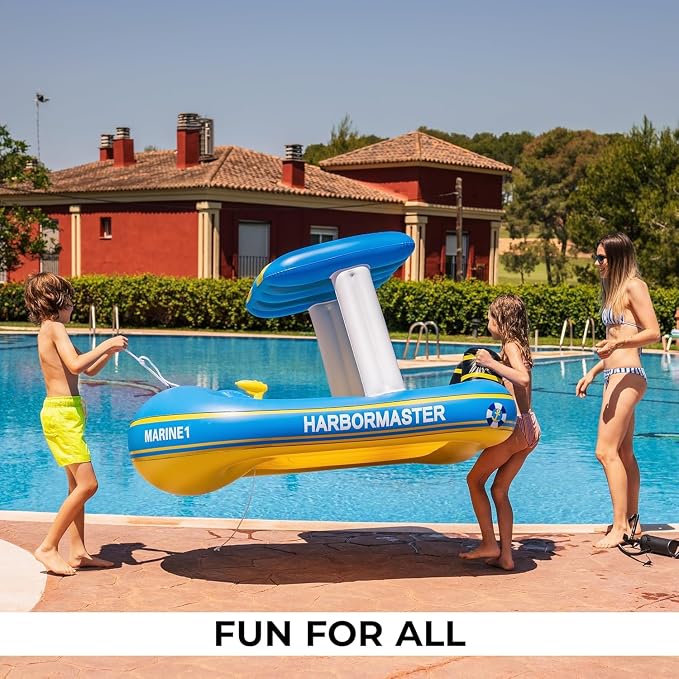 Police Boat Inflatable Pool Floats Kids, Toddler Harbor Master Police Patrol Inflatable Boat Pool Float Ride On, Fun Water Toy Squirter Pool Toy, Police & Fire Rescue Theme Pool Raft for Boys, Girl