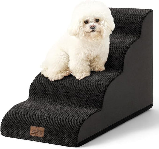 COZY KISS Wide Dog Stairs for Small Dog 19.7" H, Pet Step for Puppy, Older Cat, Curved Ramp for Bed, Durable Anti-Slip Ladder with High Density Foam, 4 Step, 17.7x28x19.7 inch, Black