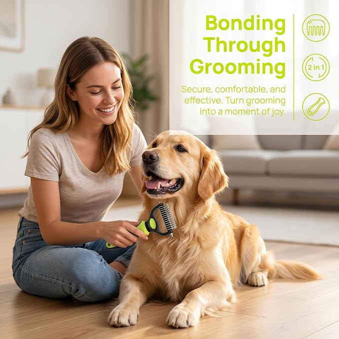 2pc Double-Sided Dog Brush for Shedding Control & Detangling - Pain-Free Deshedding Tool with Rounded Teeth (Large, Green)