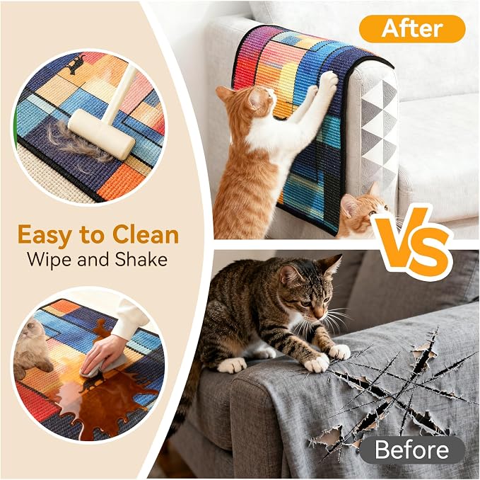 3-in-1 Sisal Cat Scratch Mat 23.6x15.7'' Floor & Wall Cat Scratcher Pad, Protects Carpet Couch & Furniture with Sticker Tape, Anti-Slip, Durable for Indoor Outdoor Cats (Cloudscape)