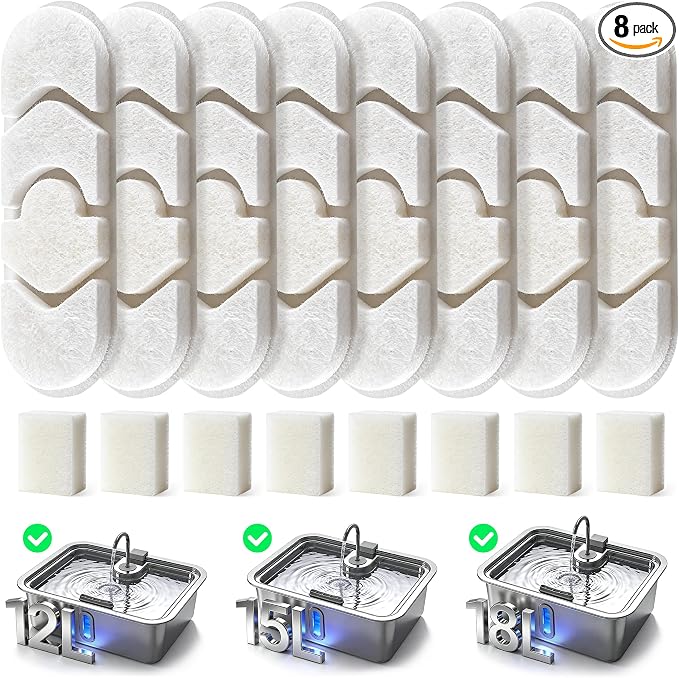 Dog Water Fountain Filter 8-Set, 12L/15L/18L Stainless Steel Dog Water Bowl Dispenser Filters, Pet Water Fountain Filters Set with 8 Filters and 8 Sponges