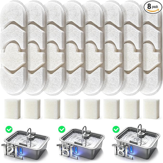 Dog Water Fountain Filter 8-Set, 12L/15L/18L Stainless Steel Dog Water Bowl Dispenser Filters, Pet Water Fountain Filters Set with 8 Filters and 8 Sponges