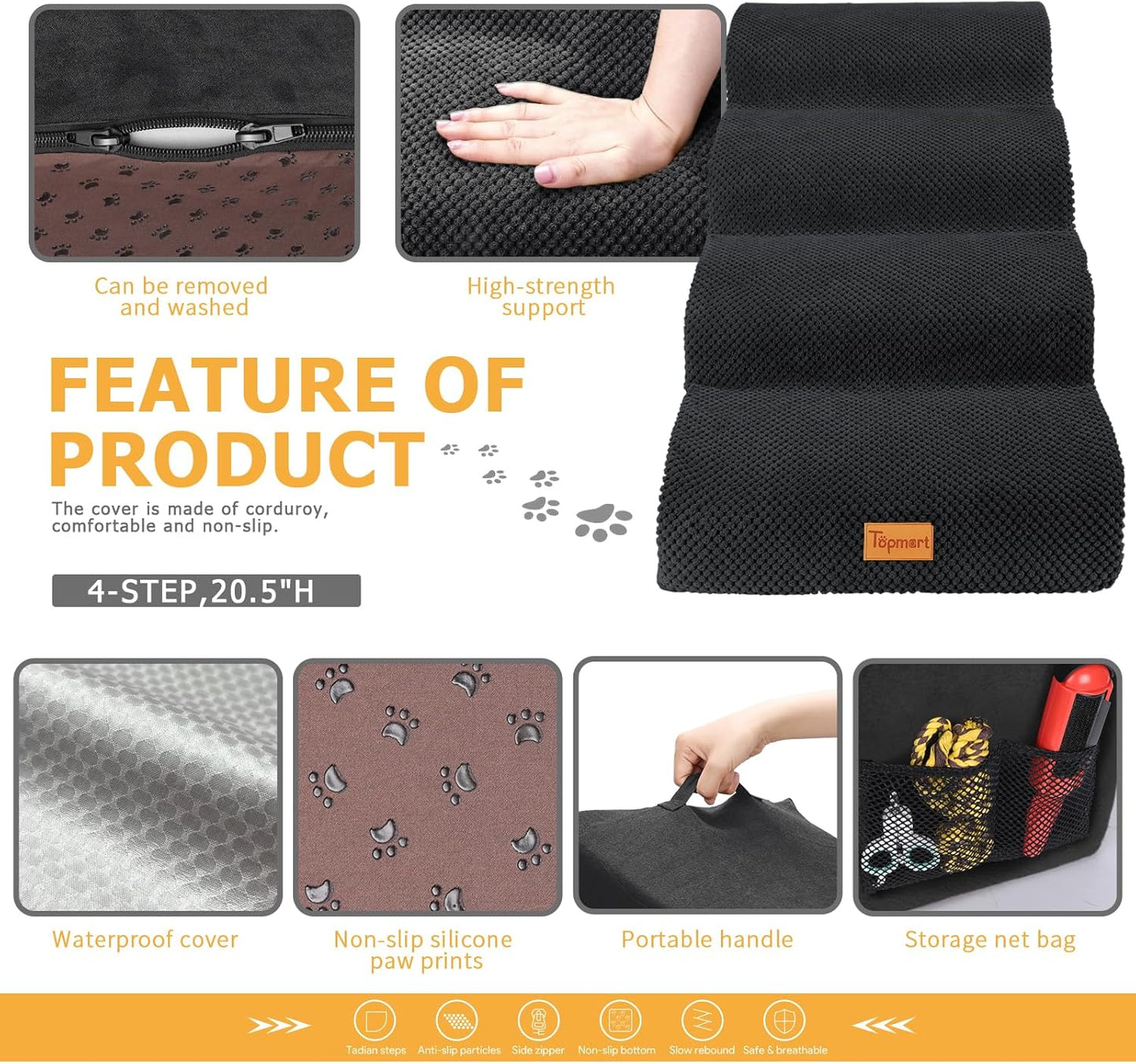 Topmart High Density Foam Dog Steps 4 Tiers,Extra Wide Deep Pet Steps,Non-Slip Dog Stairs Ramp for Bed,Soft Foam Cat Ladder,Best for Older Injured,Older Pets,Cats with Joint Pain