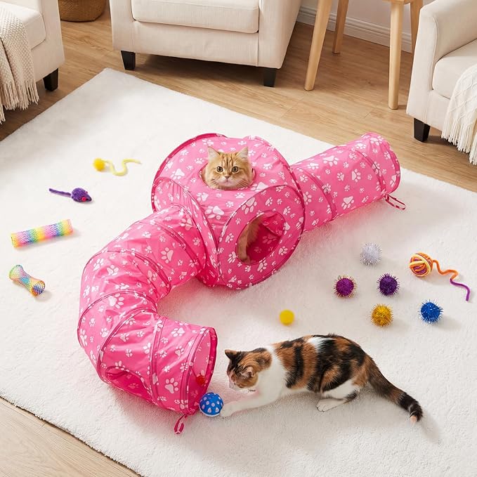 Leitee 40 Pcs Cat Toys Kitten Toys Assortments, Variety Toy Set Including 3 Pink Cat Paws Way Tunnel, Cats Feather Teaser, Fuzzy Mice, Crinkly Ball, Springs, Colorful Balls and Bells for Indoor Pet