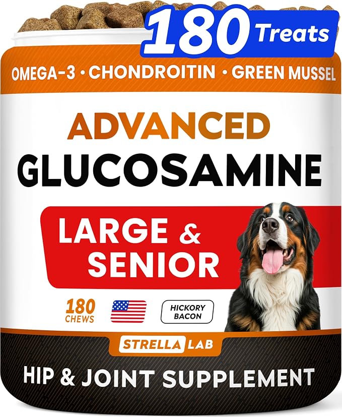STRELLALAB Advanced Glucosamine Hip & Joint Supplement for Senior Dogs - Green Lipped Mussel & Collagen - Hip & Joint Pain Relief - Large & Small Breed - Joint Health - 180 Chews