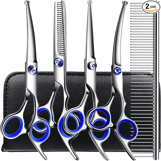TINMARDA Dog Grooming Kit, Professional Stainless Steel Dog Grooming Scissors with Curved Shears, Blue Finger Rings - 5 Piece Sharp Durable Pet Shears for Dogs Cats At Home Salon-Quality Grooming