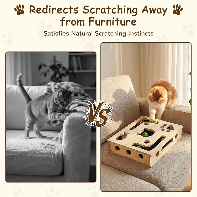 Cat Nail File Box, Interactive Wooden Cat Scratch Puzzle Toy with Sandpaper, Includes 3 Bell Balls & 3 Replacement Pads for Indoor Cats, Stress-Free Enrichment Claw Care (Large)