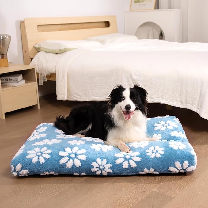 Dog Beds for Extra Large Dogs, Cute Thick Dog Bed for Crate Kennel, Fluffy Pet Bed with Removable Washable Cover and Anti-Slip Bottom, 41"x 28", Blue Flower