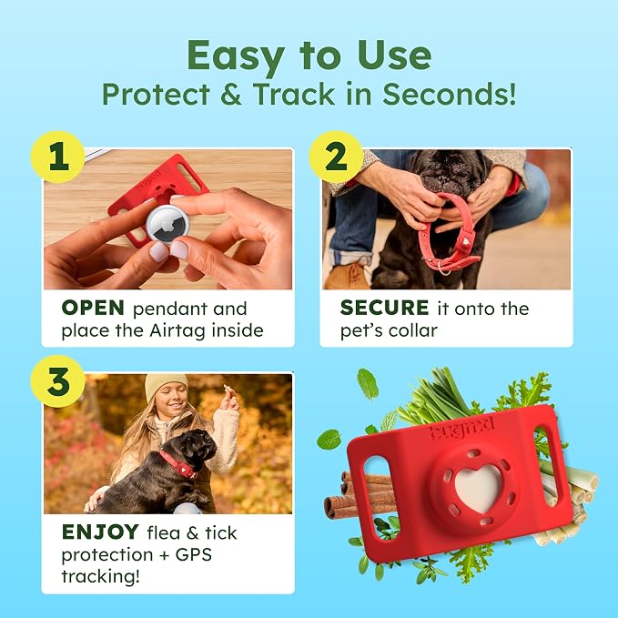 BugMD Paw Guardian Flea and Tick Prevention Pendant for Dogs with AirTag Holder | Plant-Powered Flea & Tick Control for Dog Collars Harnesses | Dog Tag with Air Tag Holder - Red